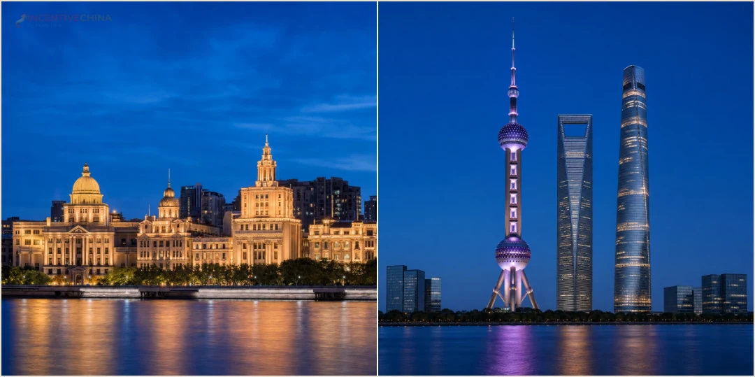 คอลลาจบรรยากาศอาคารประวัติศาสตร์เดอะบันด์และ skyline ผู่ตงสองฝั่งแม่น้ำหวงผู่ช่วงเย็น