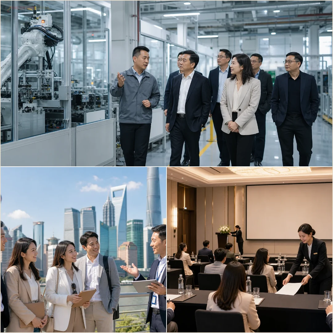 คอลลาจทีมบริษัททำงานร่วมกันระหว่างดูโรงงาน ใช้ไกด์พูดไทย และประชุมวางแผนทริปธุรกิจจีน