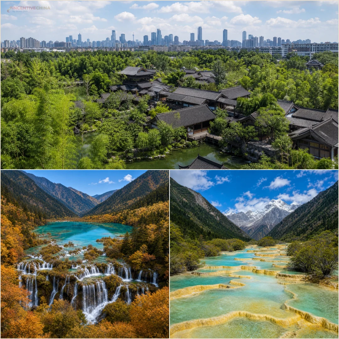 คอลลาจสถานที่เฉิงตู ทะเลสาบจิ่วจ้ายโกว และแอ่งหินปูนหวงหลงในเส้นทางองค์กร 6 วัน
