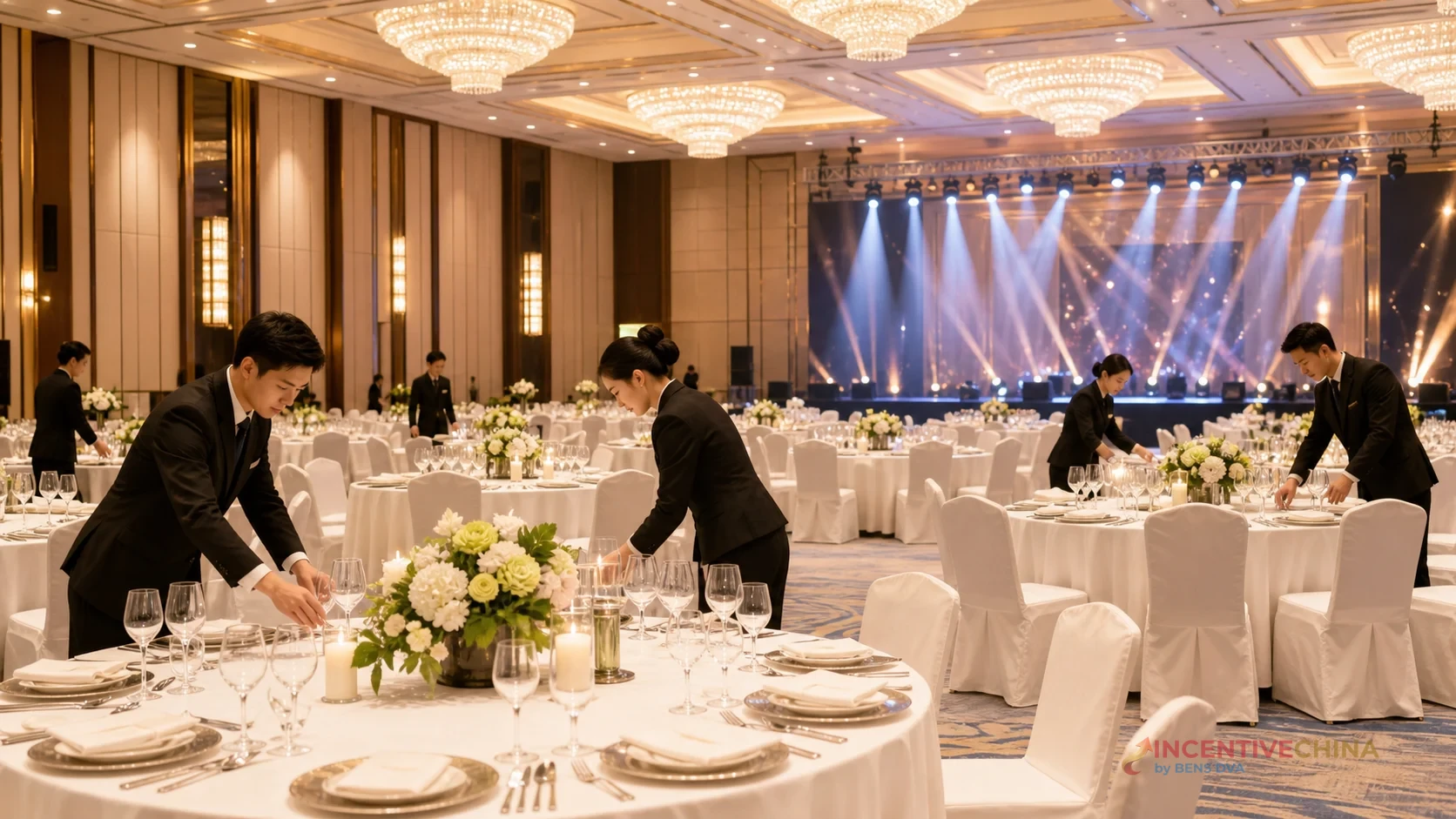 บรรยากาศมื้ออาหารของกรุ๊ปองค์กรในจีนที่จัดโต๊ะและลำดับเสิร์ฟไว้ล่วงหน้า