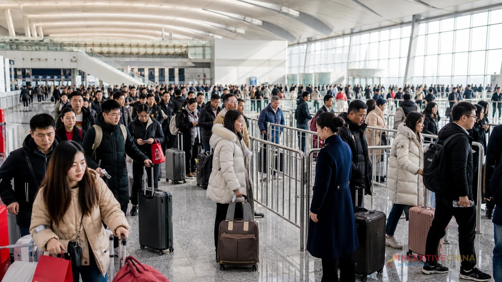 บรรยากาศผู้เดินทางจำนวนมากในสถานีรถไฟจีนช่วงวันหยุดยาว