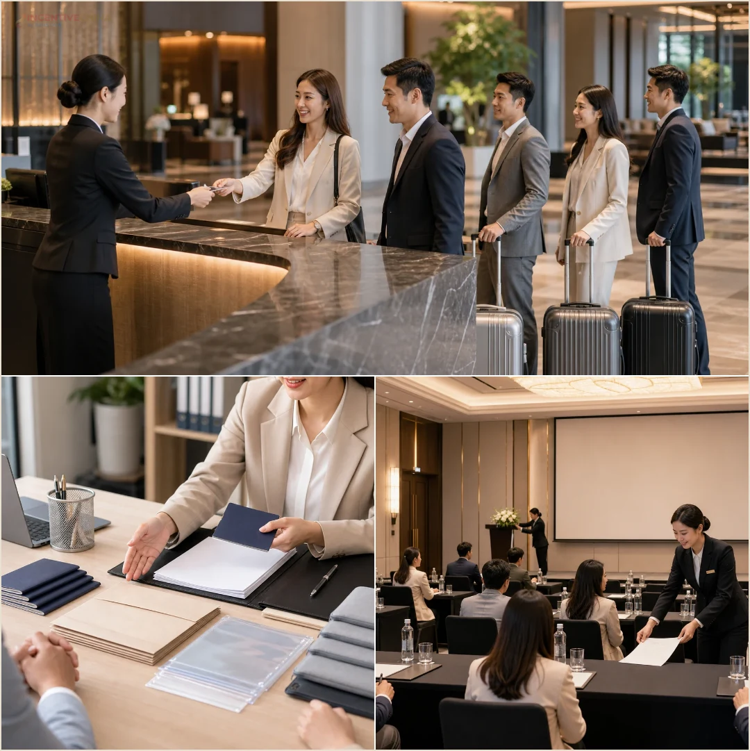 คอลลาจทีมบริษัทเช็กอิน ตรวจเอกสารเดินทาง และประชุมรายชื่อก่อนจองทริปจีน