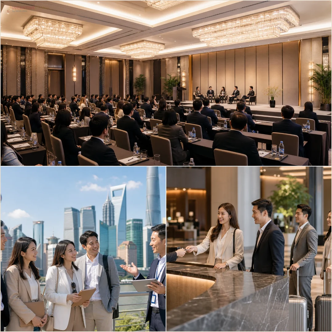คอลลาจบรรยากาศประชุมองค์กร ไกด์บรรยายในเซี่ยงไฮ้ และทีมเช็กอินโรงแรมก่อนเริ่มทริปจีน