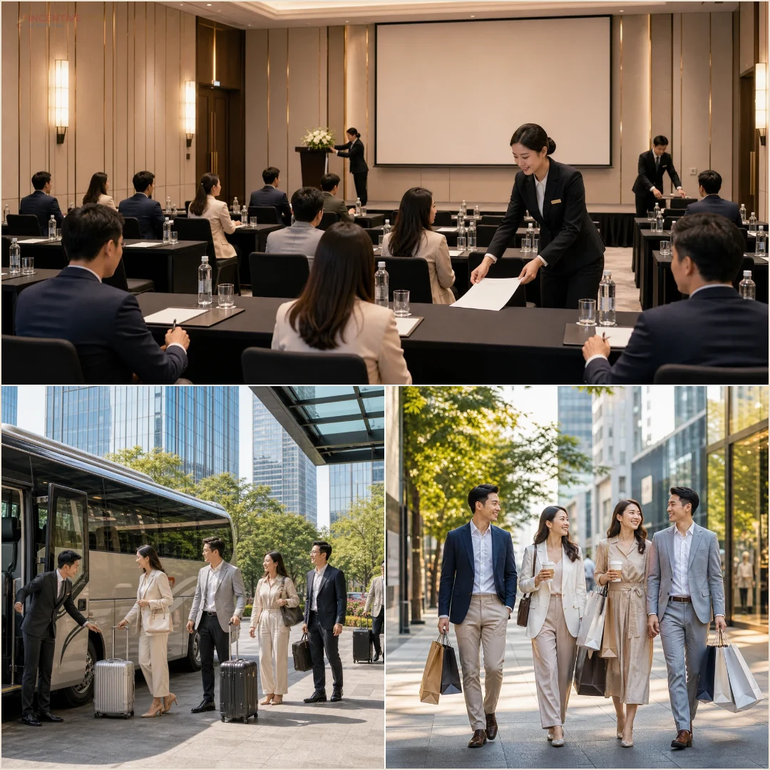 คอลลาจภาพทีมองค์กรในห้องประชุม การเดินทางด้วยรถโค้ช และเวลาสำรวจย่านการค้า