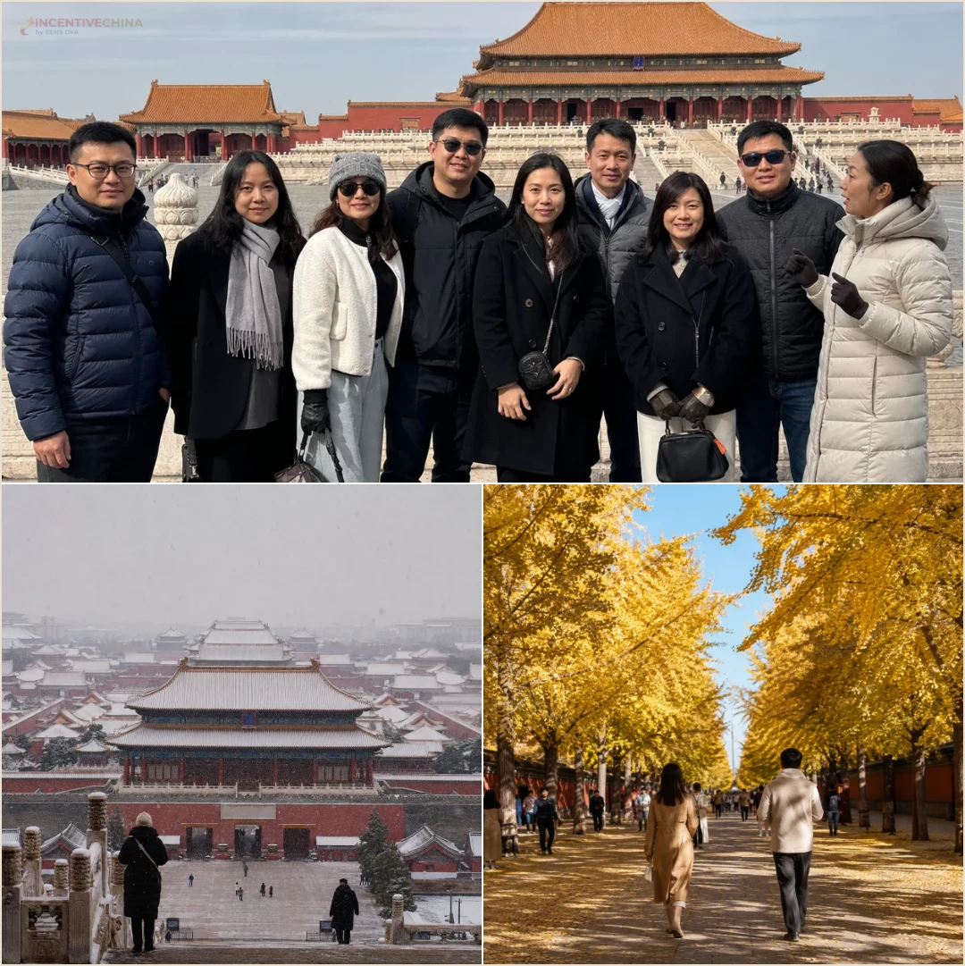 คอลลาจพระราชวังต้องห้ามปักกิ่ง กรุ๊ปองค์กรหน้าประตูทางเข้าและบรรยากาศภายในต่างฤดู