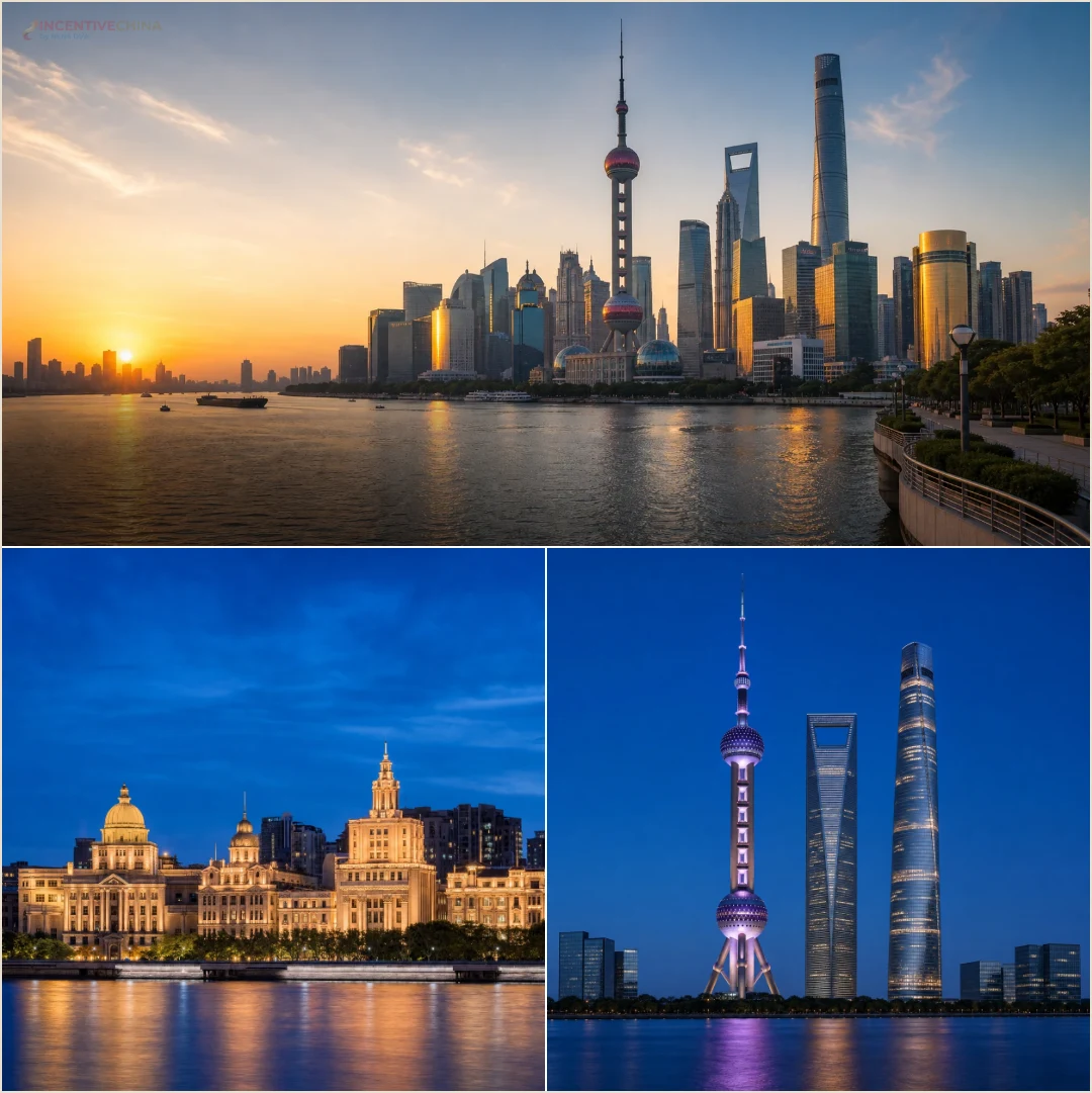 คอลลาจสถานที่เซี่ยงไฮ้แบบสามช่อง แสดง Pudong skyline, The Bund และเส้นขอบฟ้ายามค่ำ
