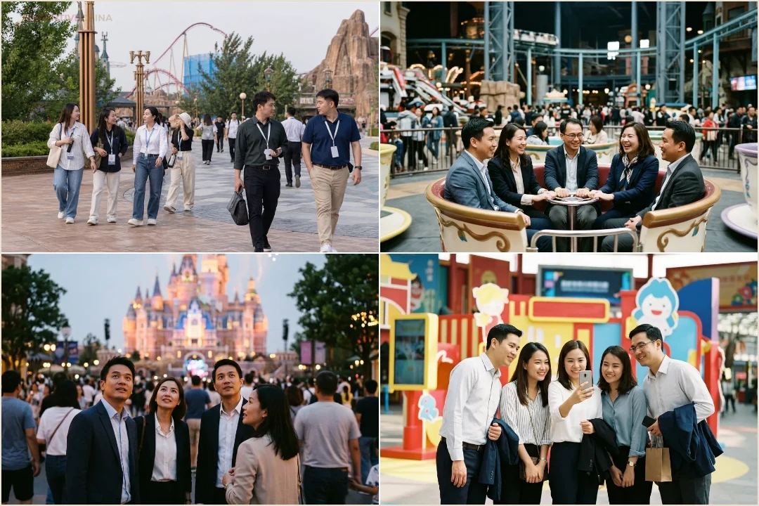 คอลลาจทีมบริษัทเดินเล่นใน Shanghai Disneyland เห็นรถไฟเหาะและภูเขาจำลอง บรรยากาศเล่นเครื่องเล่นเต็มวัน