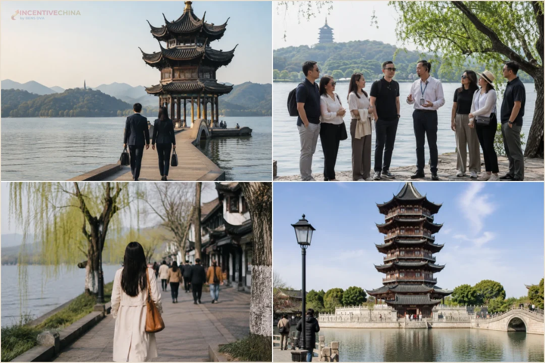 คอลลาจล่องเรือทะเลสาบซีหูหางโจว ศาลาริมน้ำ กลุ่มบริษัทไทยถ่ายรูปหมู่ และเดินเลียบคลองเมืองเก่าซูโจวระหว่างเดินทาง