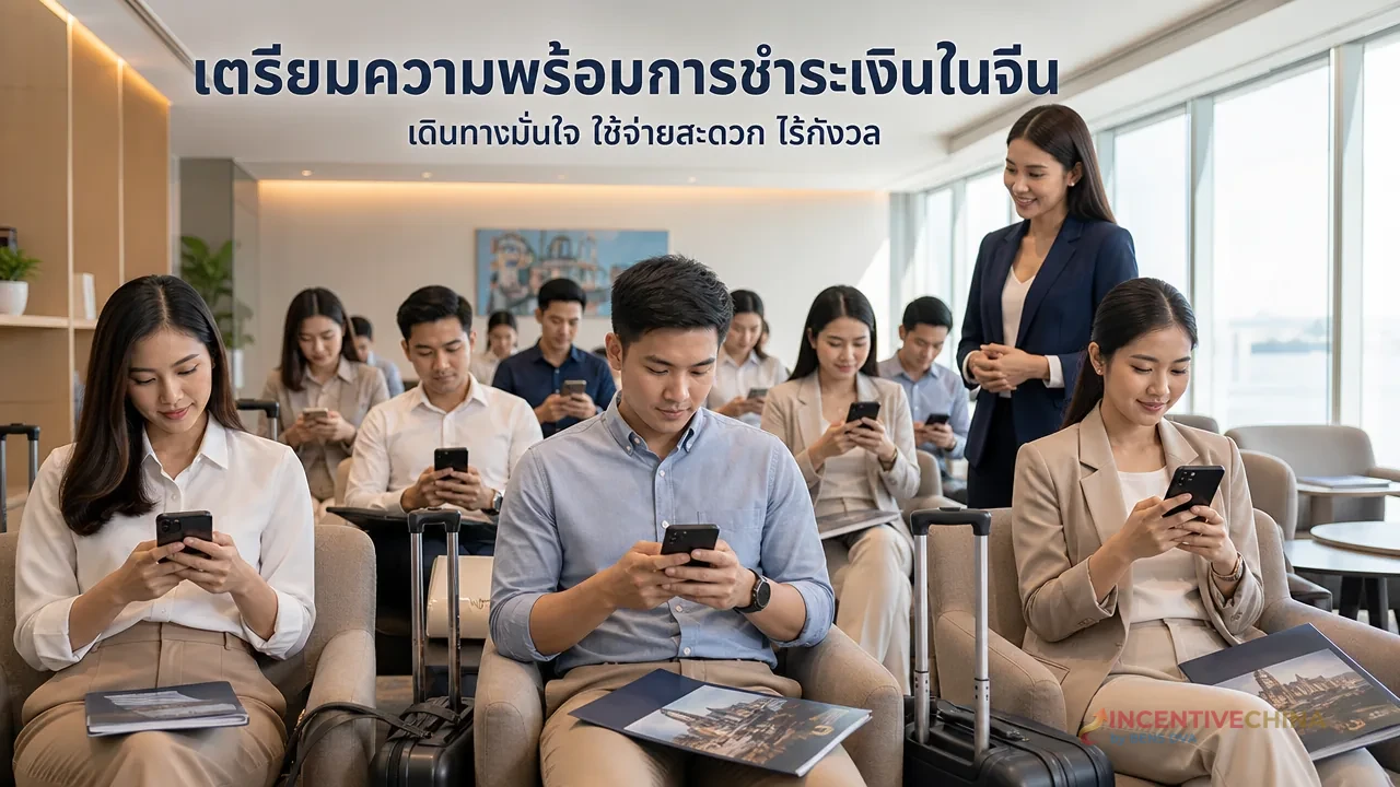 พนักงานบริษัทไทยตั้งค่าแอปชำระเงินบนโทรศัพท์ของตนเองระหว่างการบรีฟก่อนเดินทางไปจีน