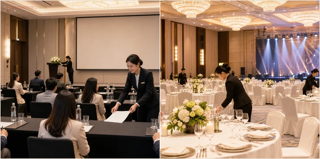 คอลลาจบรรยากาศการเตรียมห้องประชุมและห้องจัดมื้อองค์กรสำหรับกรุ๊ปบริษัท