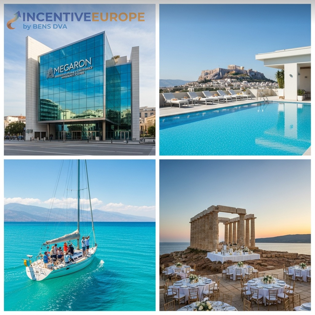 งานองค์กรเอเธนส์ — ศูนย์ประชุม Megaron โรงแรม Grande Bretagne ล่องเรือ Vouliagmeni กาลาดินเนอร์ Cape Sounion