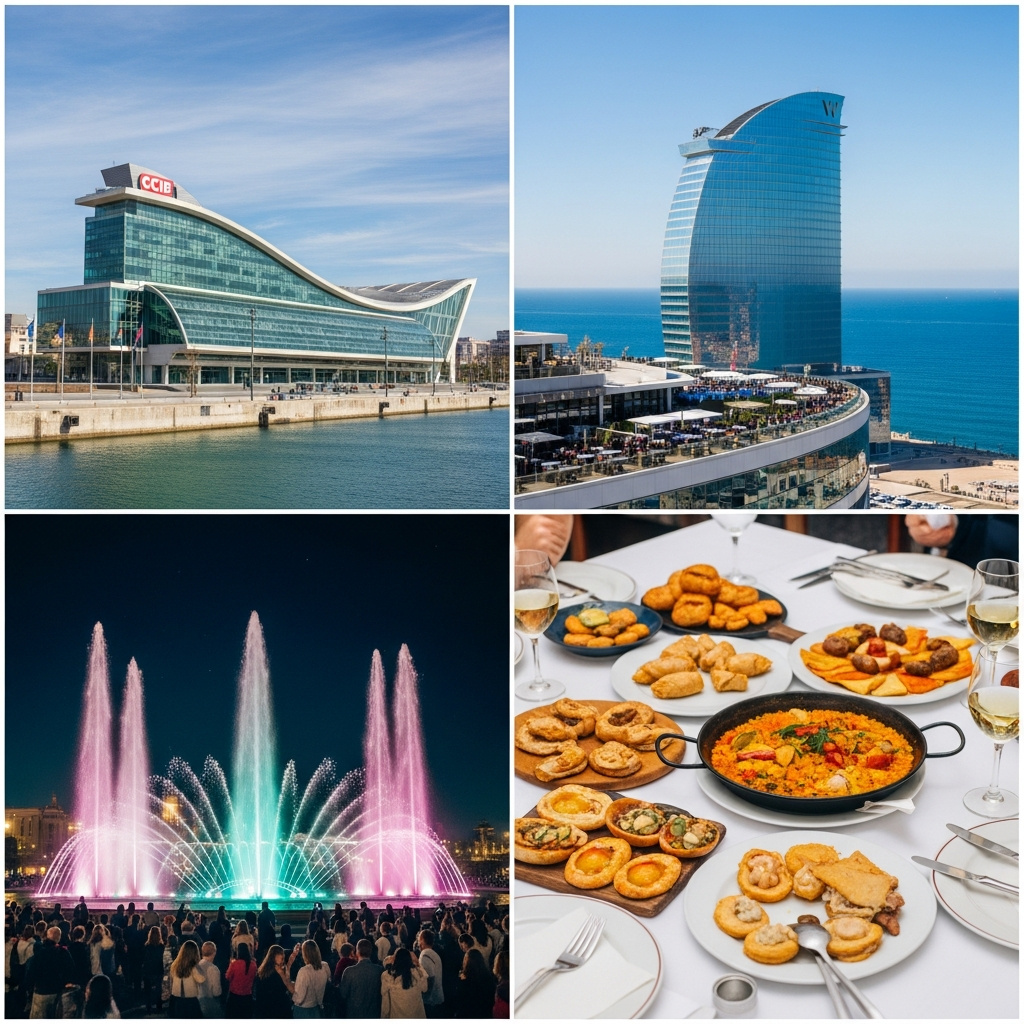 งานองค์กรบาร์เซโลนา — ศูนย์ประชุม CCIB โรงแรม W Hotel น้ำพุ Montjuïc ตาปัส Michelin