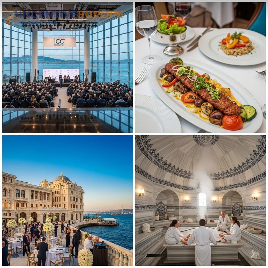 งานองค์กรอิสตันบูล — ศูนย์ประชุม ICC เคบับ Michelin พระราชวัง Çırağan ฮัมมามตุรกี