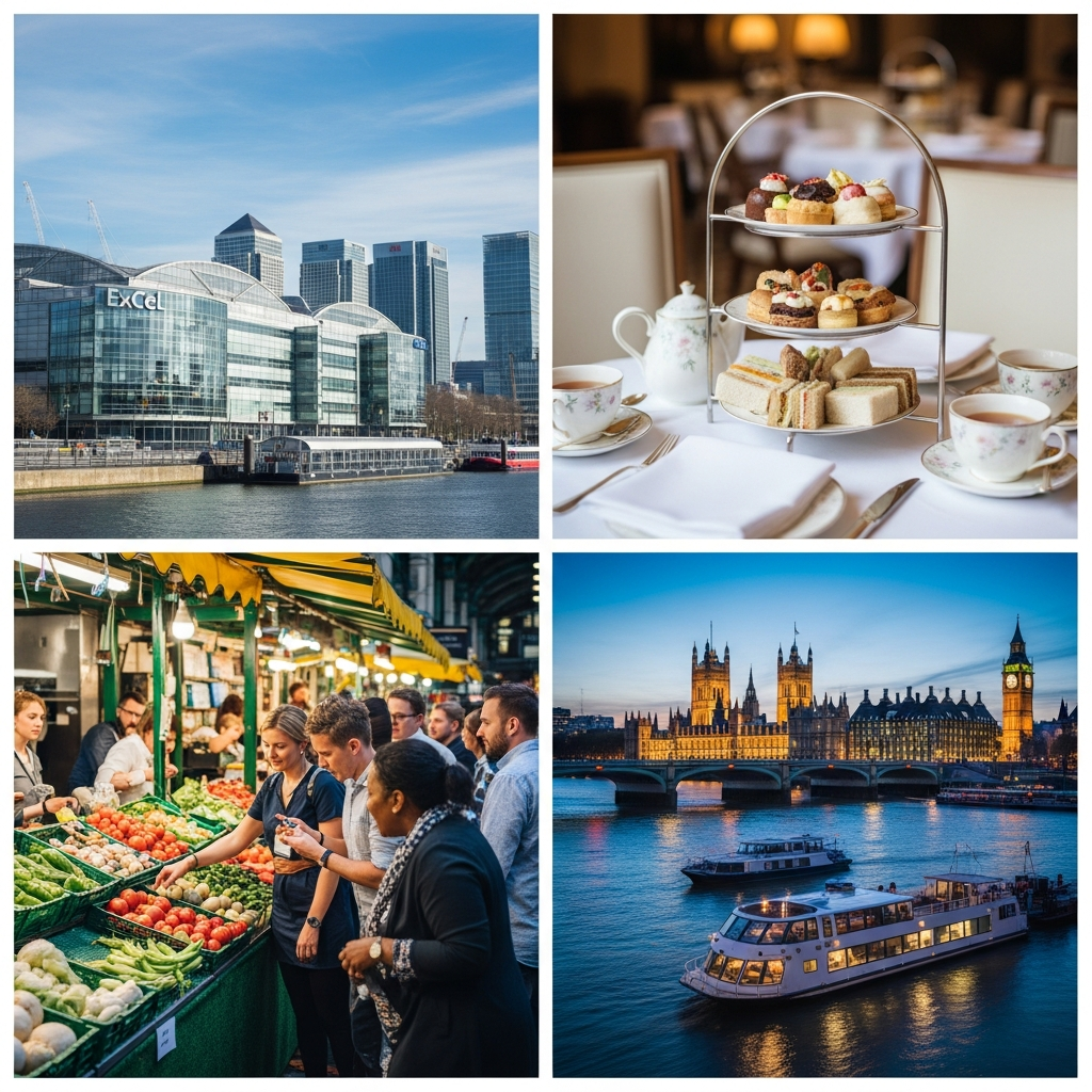 งานองค์กรลอนดอน — ศูนย์ประชุม ExCeL อาฟเตอร์นูนที Borough Market ล่องเรือเทมส์