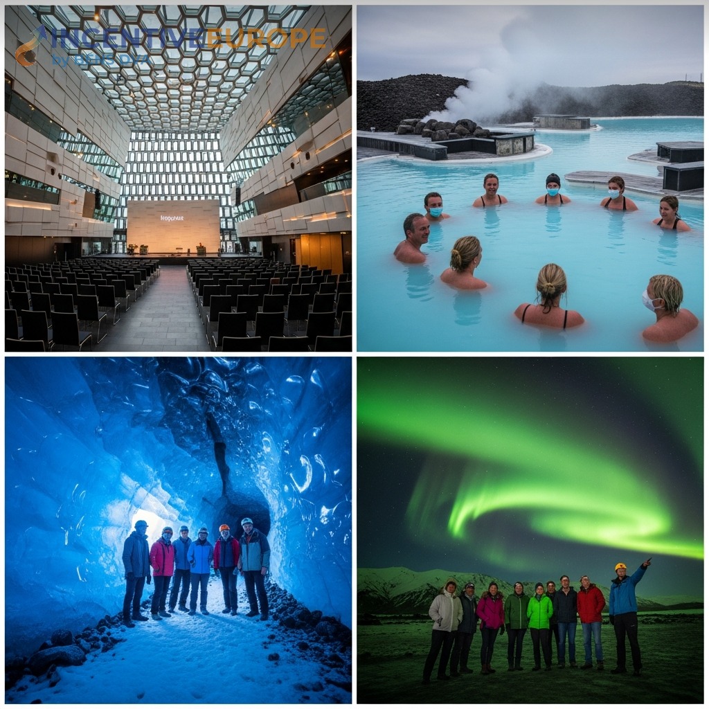 งานองค์กรเรคยาวิก — ศูนย์ประชุม Harpa Blue Lagoon กรุ๊ป ถ้ำน้ำแข็ง ไล่ล่าแสงเหนือ