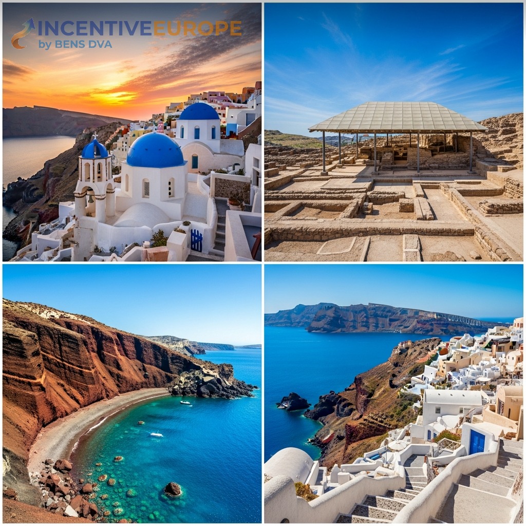 สถานที่ท่องเที่ยวซานโตรินี — โดมสีฟ้าโอยา แหล่งโบราณคดี Akrotiri Red Beach เมือง Fira