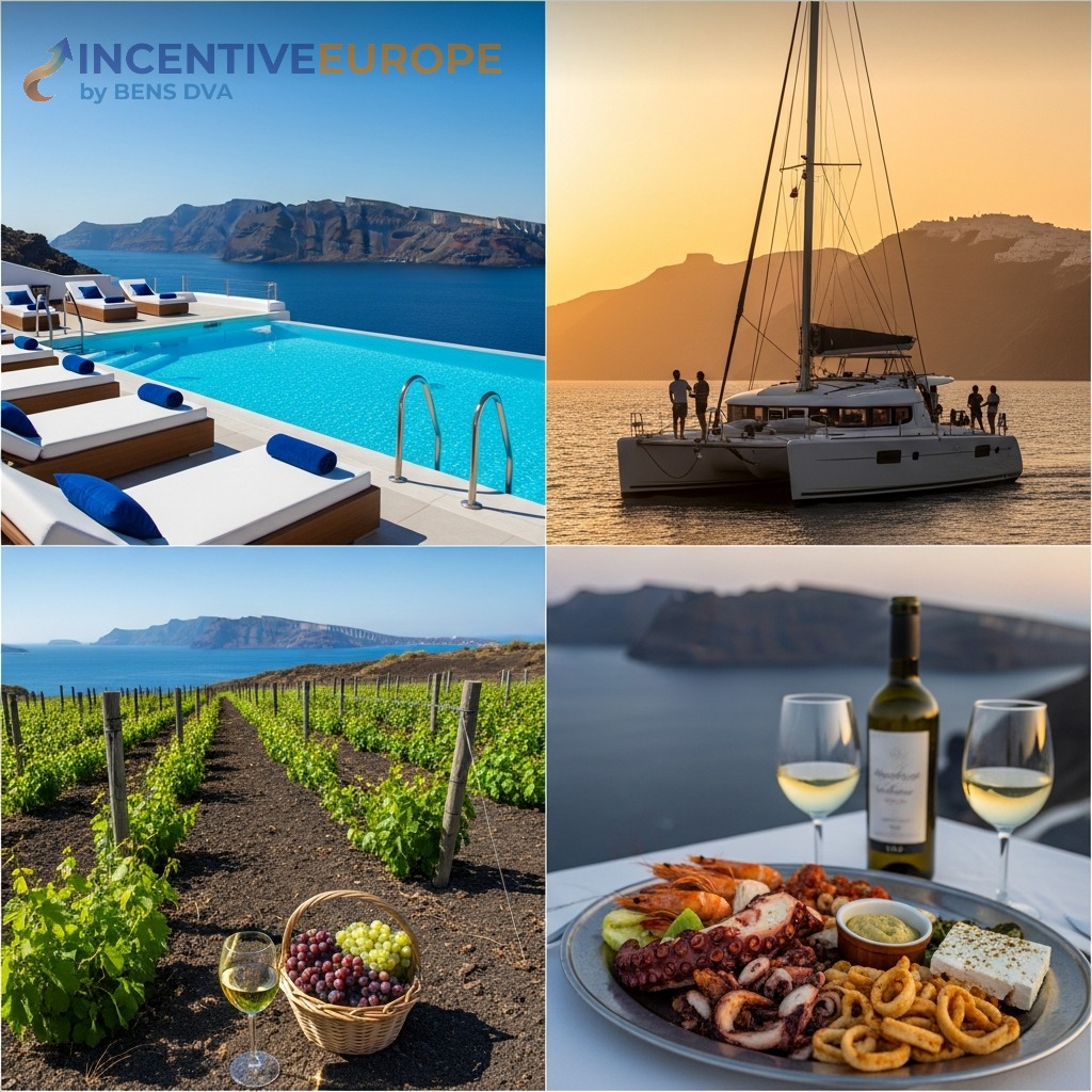 งานองค์กรซานโตรินี — โรงแรมถ้ำหรู ล่องเรือ Catamaran ชิมไวน์ภูเขาไฟ อาหารกรีกริมคาลเดรา