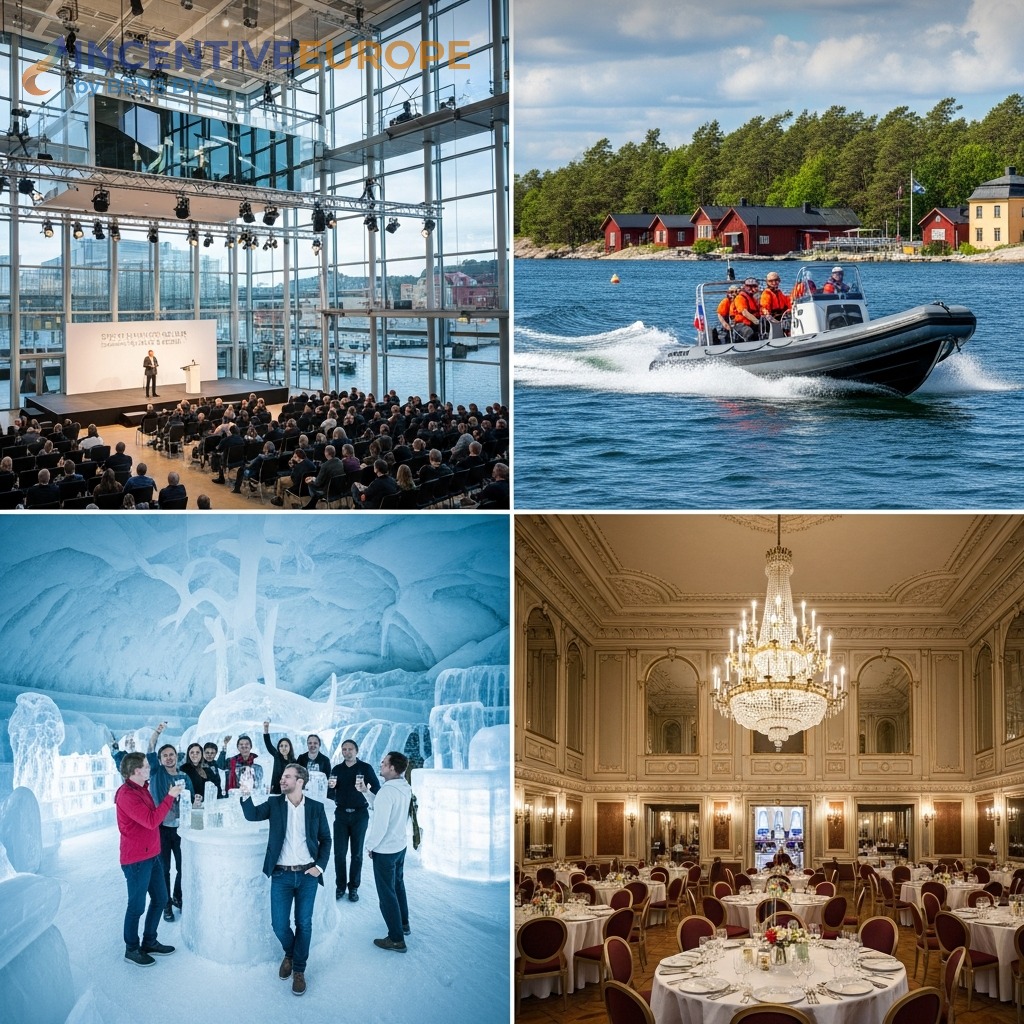 งานองค์กรสตอกโฮล์ม — Waterfront Congress Centre ล่องเรือ RIB หมู่เกาะ ICEBAR Gala Dinner Grand Hotel