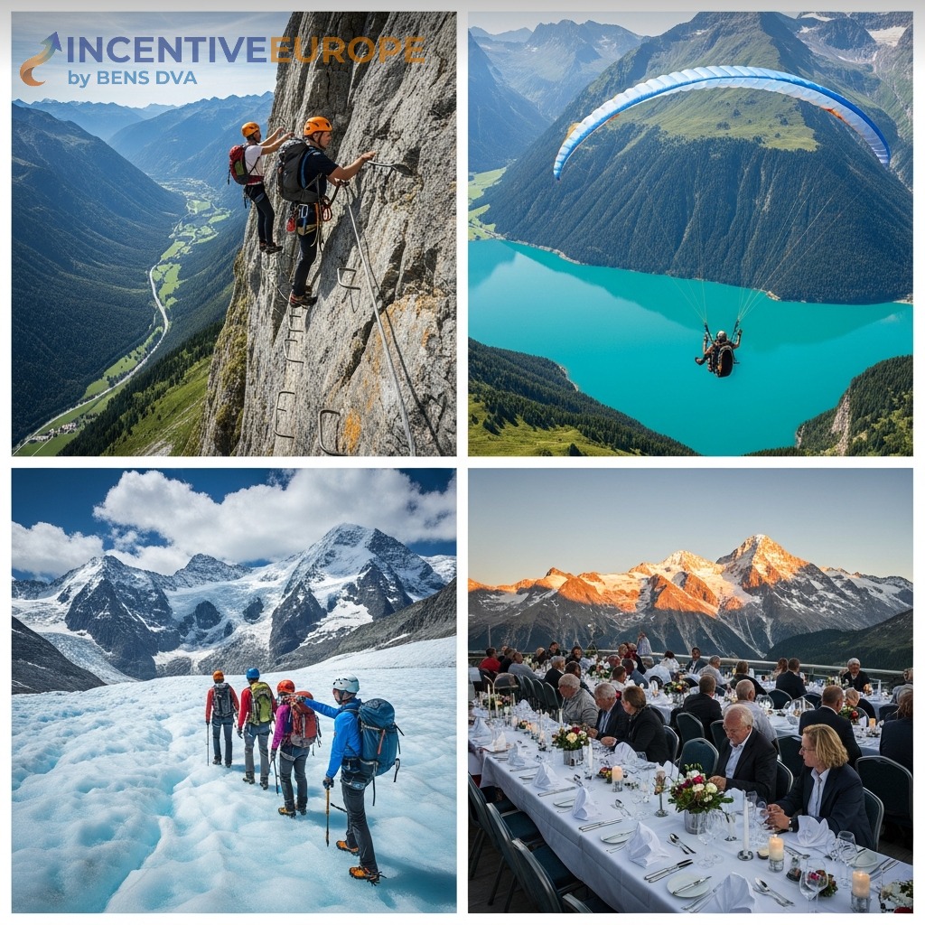 กิจกรรม Team Building แอลป์ Via Ferrata พาราไกลดิ้ง Glacier Hiking Gala Dinner วิวภูเขา