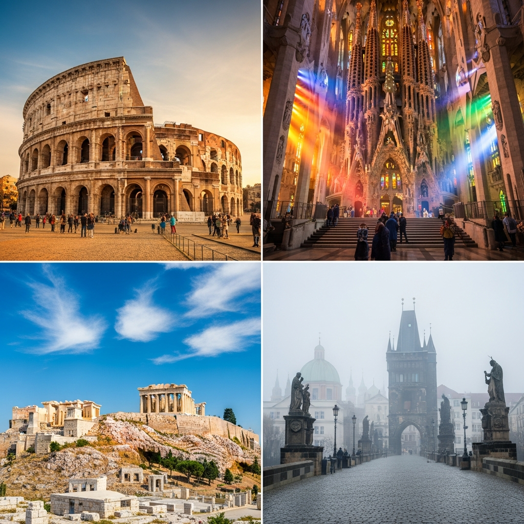 สถานที่มรดกโลกยุโรป — Colosseum โรม Sagrada Família บาร์เซโลนา Acropolis เอเธนส์ Charles Bridge ปราก