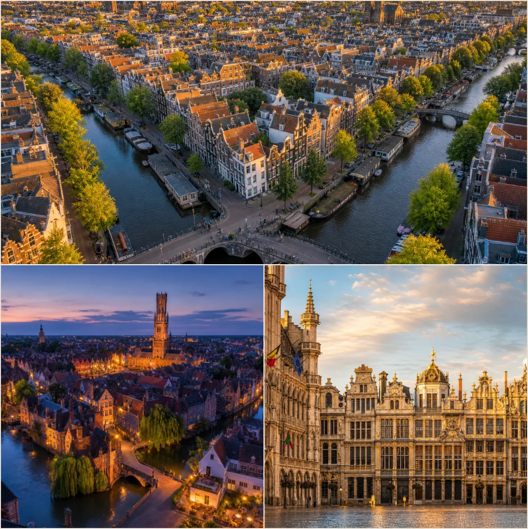 คอลลาจสถานที่เส้นทาง Benelux ได้แก่ คลองอัมสเตอร์ดัม เมืองเก่าบรูจส์ และจัตุรัสกรองด์ปลาซบรัสเซลส์