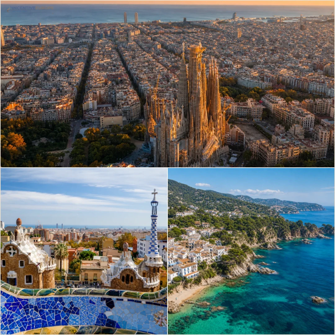 คอลลาจสถานที่บาร์เซโลนาและคอสตาบราวา ได้แก่ Sagrada Família, Park Güell และชายฝั่งคอสตาบราวา