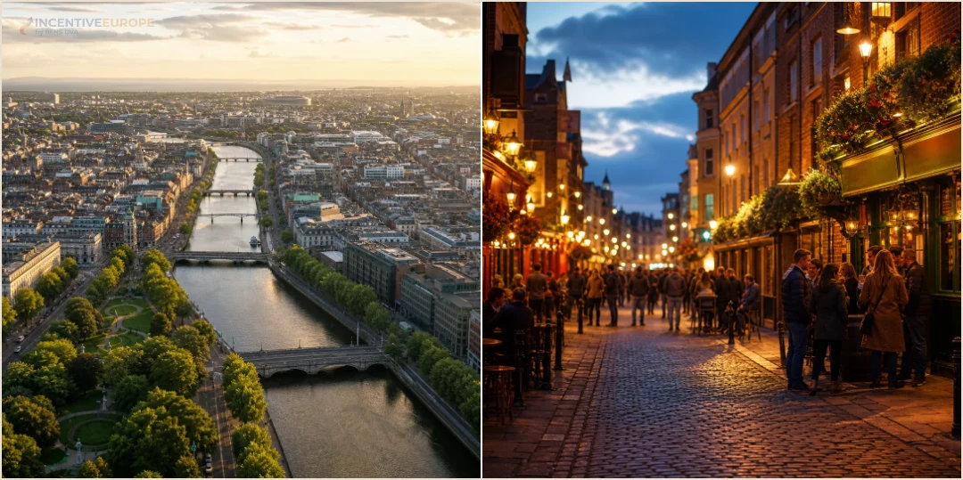 คอลลาจวิวเมืองดับลินริมแม่น้ำลิฟฟีย์และถนน Temple Bar ยามค่ำ