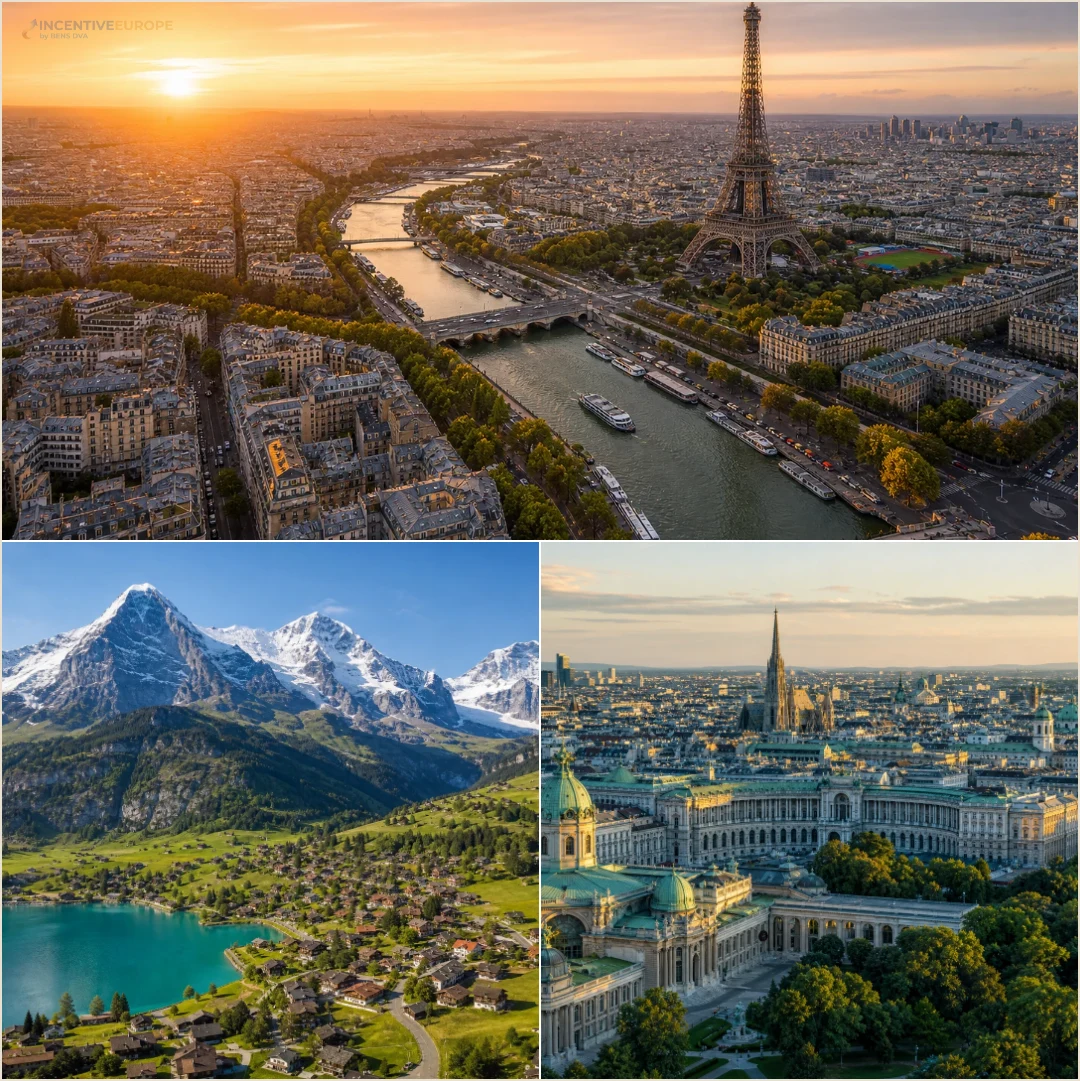 คอลลาจสถานที่ในปารีส เทือกเขาสวิส และเวียนนาที่อาจอยู่ในเส้นทางรถโค้ชยุโรปหลายเมือง