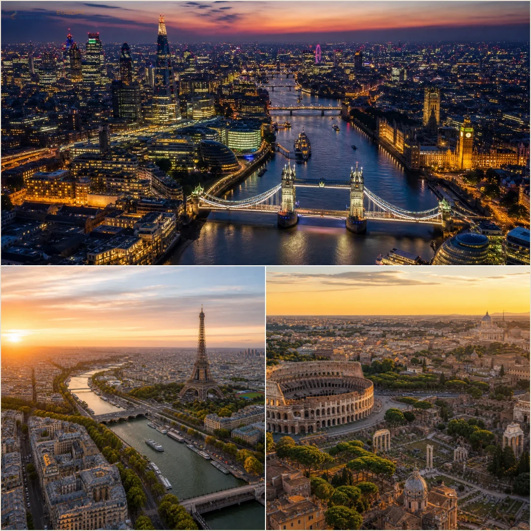 คอลลาจสถานที่ล้วนแสดงลอนดอน ปารีส และโรมสำหรับวางแผนเมืองเข้าออกของกรุ๊ปยุโรป