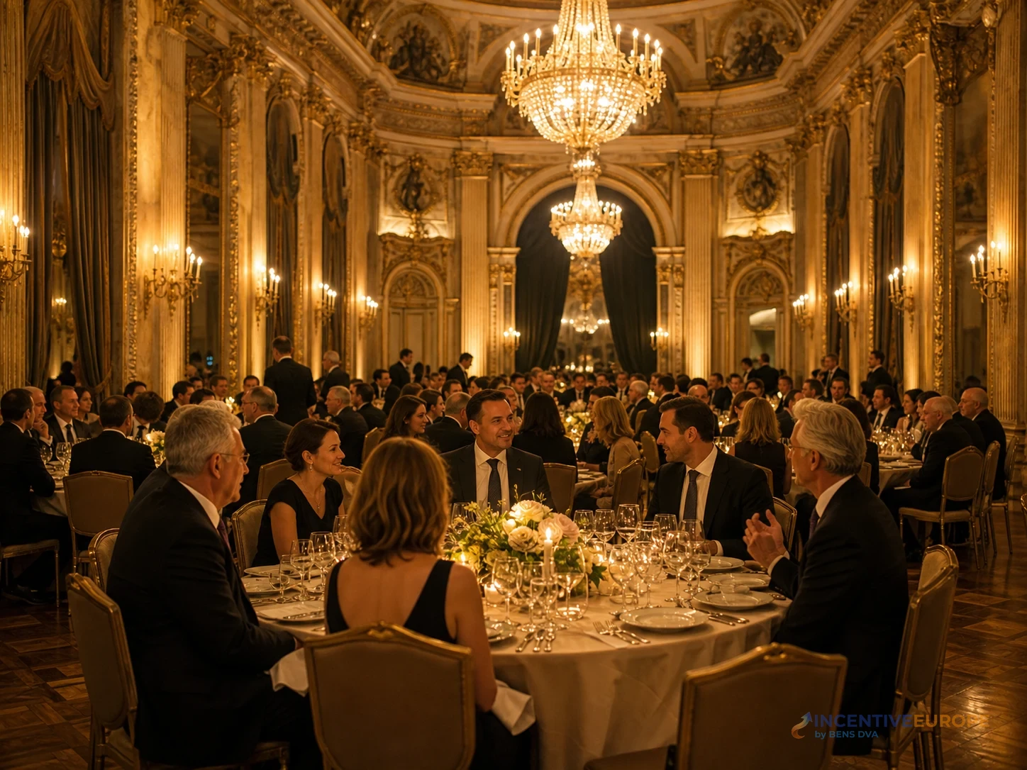 งาน Gala Dinner ของบริษัทในบอลรูมพระราชวังประวัติศาสตร์ยุโรปพร้อมเวทีมอบรางวัล