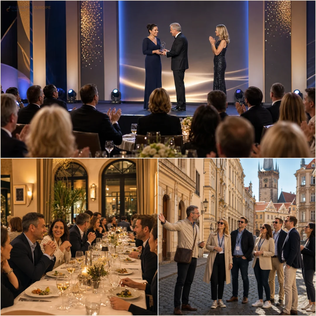 คอลลาจบรรยากาศองค์ประกอบของ Incentive Trip ยุโรป เช่น ช่วงมอบรางวัล มื้อพิเศษ และการเดินชมเมืองพร้อมทีม