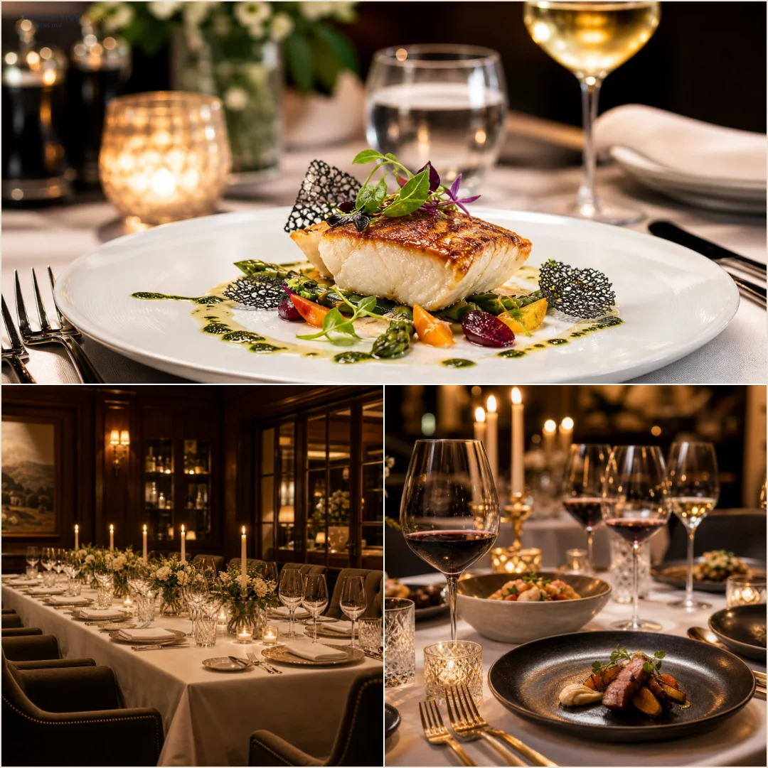 คอลลาจโต๊ะอาหาร fine dining ห้องรับประทานอาหารส่วนตัว และโต๊ะจับคู่ไวน์ในยุโรป