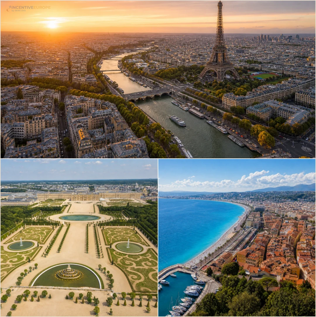 คอลลาจสถานที่ในฝรั่งเศส ได้แก่ ปารีส แวร์ซาย และเฟรนช์ริเวียร่า ประกอบการวางแผนเส้นทางกรุ๊ปบริษัท