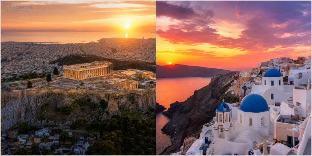 คอลลาจสถานที่ล้วนแสดงอะโครโพลิสในเอเธนส์และเอียบนเกาะซานโตรินี
