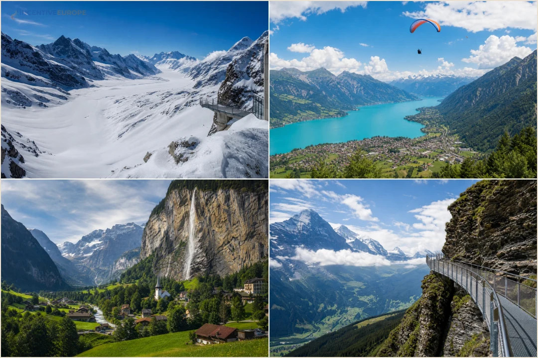 คอลลาจสถานที่ล้วนแสดง Jungfraujoch, Interlaken, Lauterbrunnen และ Grindelwald First ในภูมิภาค Jungfrau