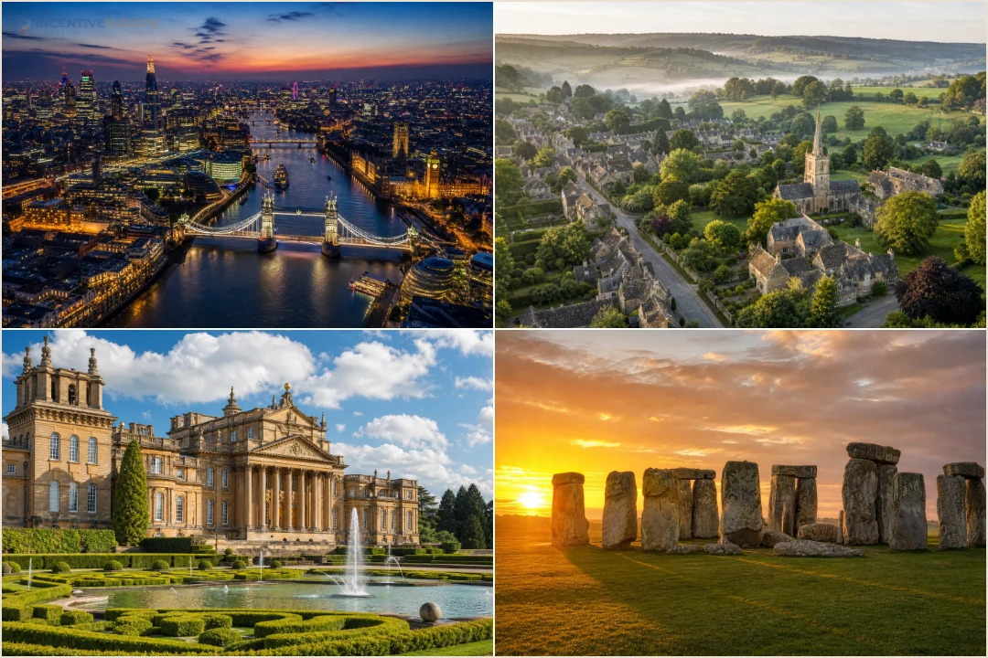 คอลลาจสถานที่ล้วนแสดงลอนดอน คอตส์โวลด์ส พระราชวัง Blenheim และ Stonehenge สำหรับวางเส้นทางรถกรุ๊ปอังกฤษ