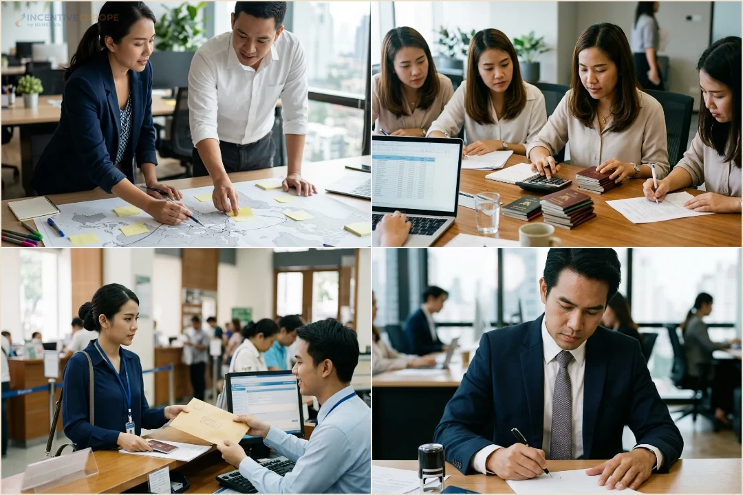 คอลลาจทีม HR วางแผนเส้นทางบนแผนที่ยุโรป เตรียมพาสปอร์ตและงบประมาณ พร้อมยื่นเอกสารการเงินที่เคาน์เตอร์ธนาคาร