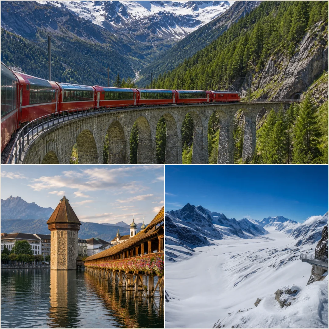คอลลาจเส้นทางและไฮไลต์ที่มักใช้กับ Swiss Travel Pass เช่น รถไฟวิวแอลป์ ลูเซิร์น และ Jungfraujoch