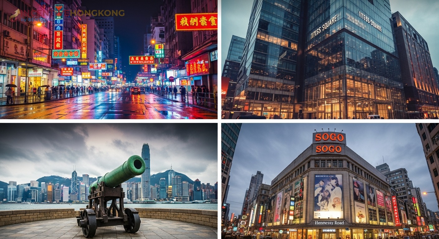 คอสเวย์เบย์ — ย่านช้อปปิ้งนีออน Times Square ปืนใหญ่ Noonday Gun ห้าง SOGO ฮ่องกง