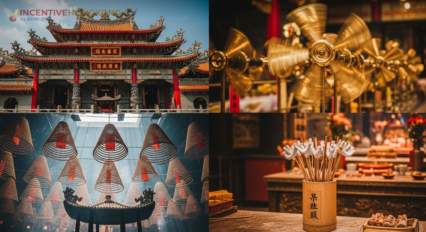 วัดแชกงหมิว — หน้าวัด กังหันนำโชคทองเหลือง ขดธูป เขย่าเซียมซี ฮ่องกง