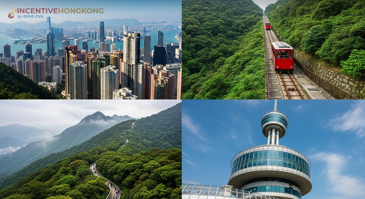 วิคตอเรียพีค ฮ่องกง — วิวสกายไลน์ รถราง Peak Tram ทางเดิน Lugard Road หอชมวิว
