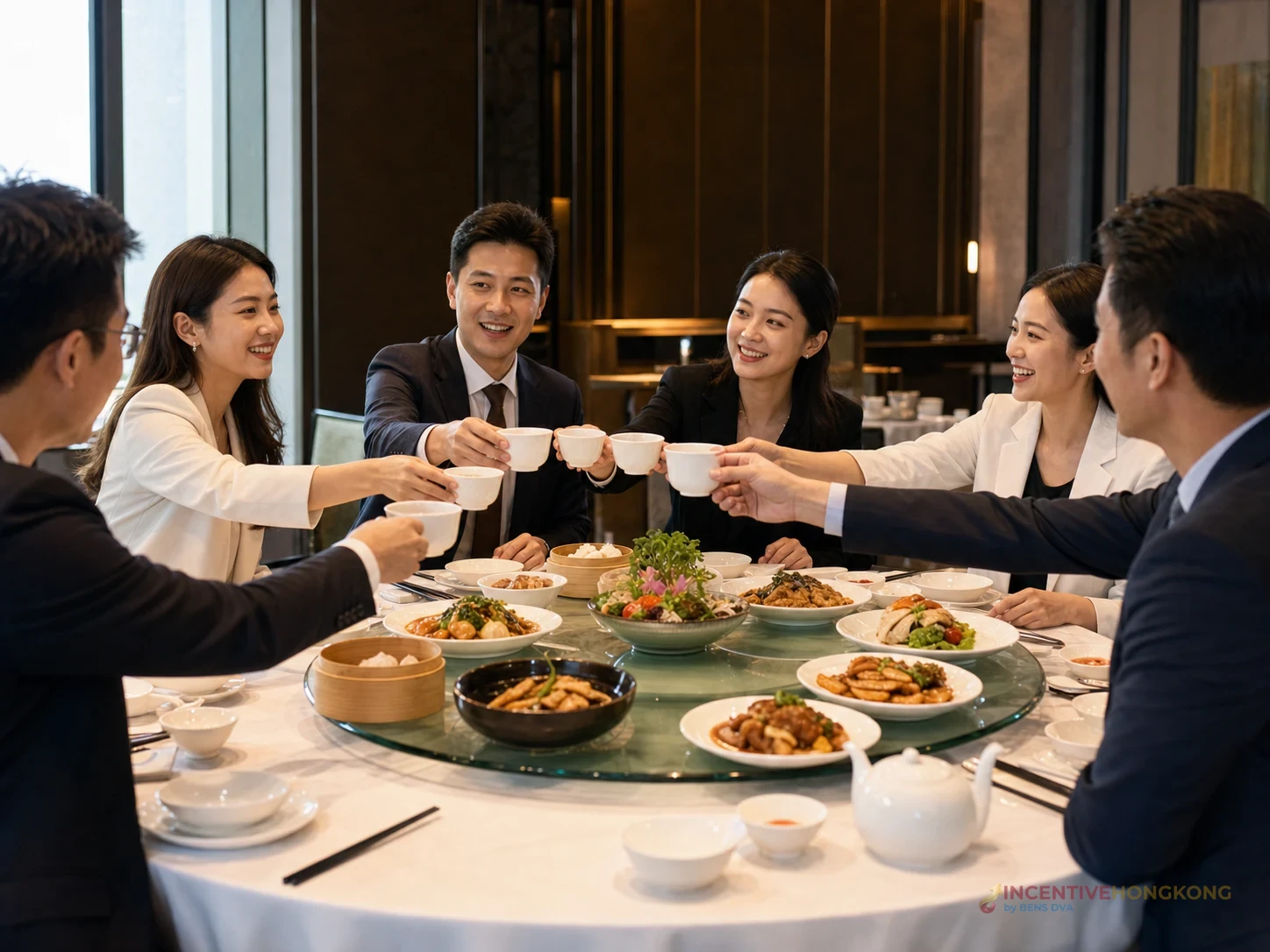 กรุ๊ปองค์กรรับประทานอาหารกวางตุ้งร่วมกันในร้านอาหารฮ่องกง