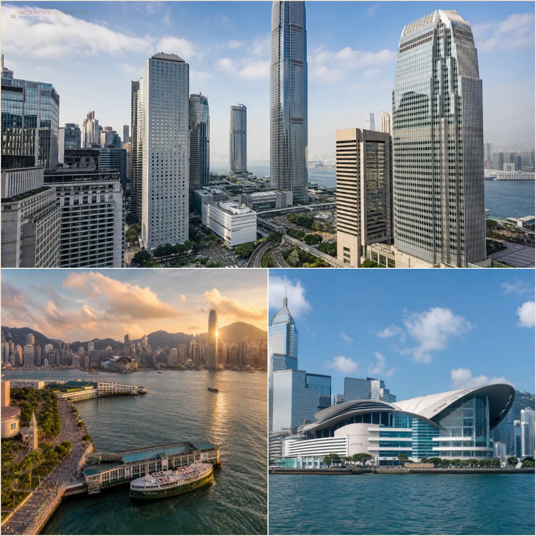 คอลลาจสถานที่ล้วนแสดง Central ริมน้ำ Tsim Sha Tsui และศูนย์ประชุม HKCEC สำหรับวางแผนจุดรับส่งรถโค้ช