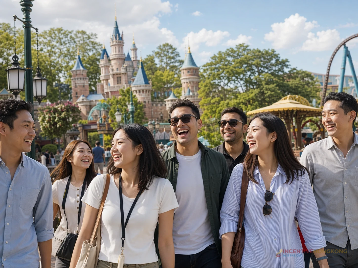 ภาพกลุ่มพนักงานบริษัททำกิจกรรมร่วมกันที่ Hong Kong Disneyland