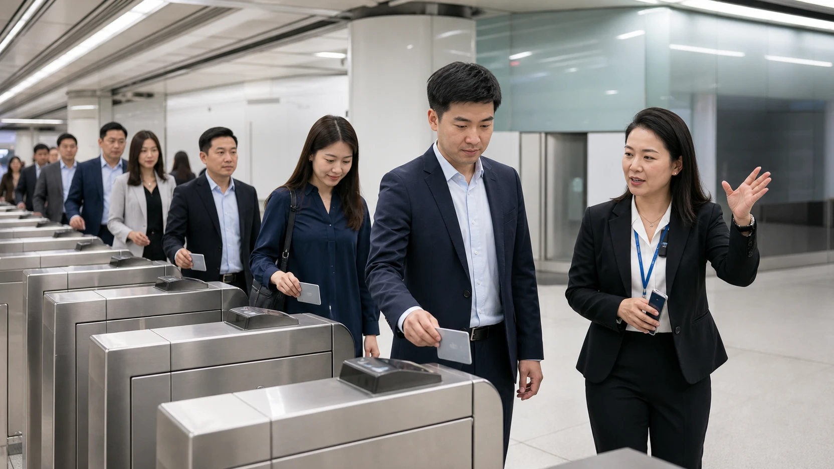 ผู้เดินทางแตะบัตรเข้าระบบรถไฟฟ้าที่สถานีในฮ่องกง
