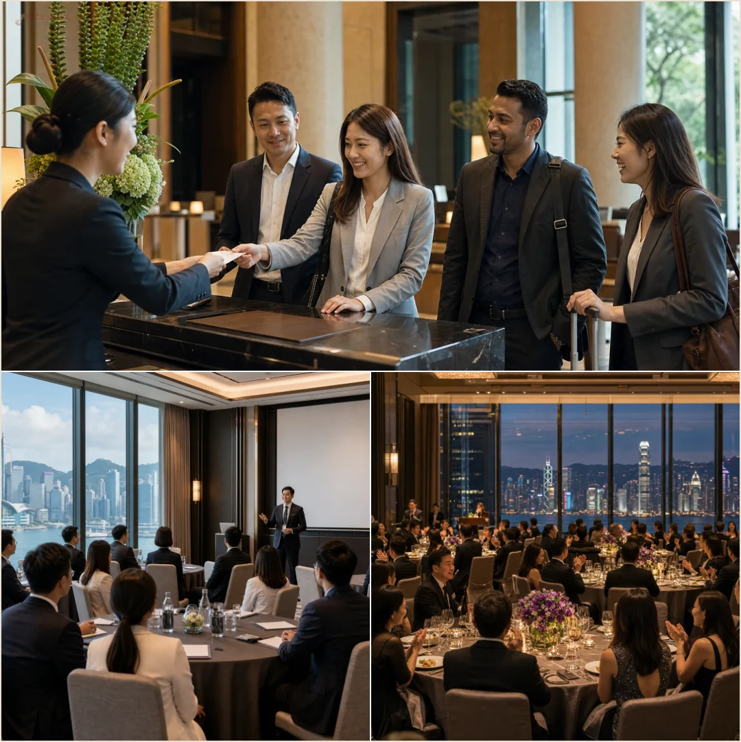 คอลลาจบรรยากาศทริปองค์กรฮ่องกง เช่น เช็กอินโรงแรม ประชุม และงานเลี้ยงทีม เพื่อเปรียบเทียบจังหวะทริป 3 วันกับ 4 วัน