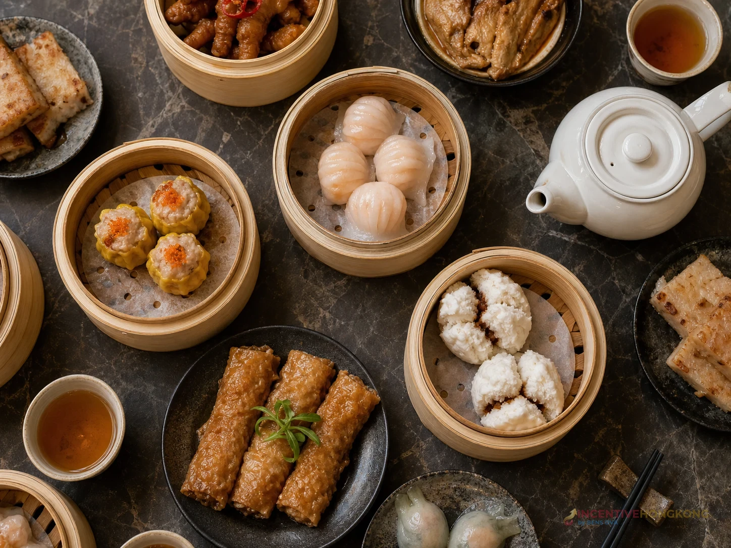 ติ่มซำหลายชนิดจัดในเข่งไม้ไผ่สำหรับชิมหลังคลาสจบ
