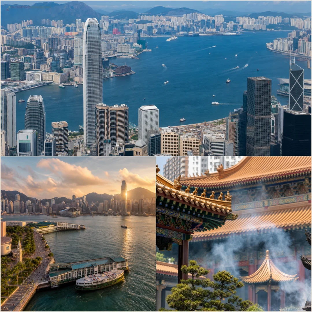คอลลาจสถานที่ล้วนแสดง Victoria Harbour จิมซาจุ่ย และวัดหว่องไท่ซินในฮ่องกง