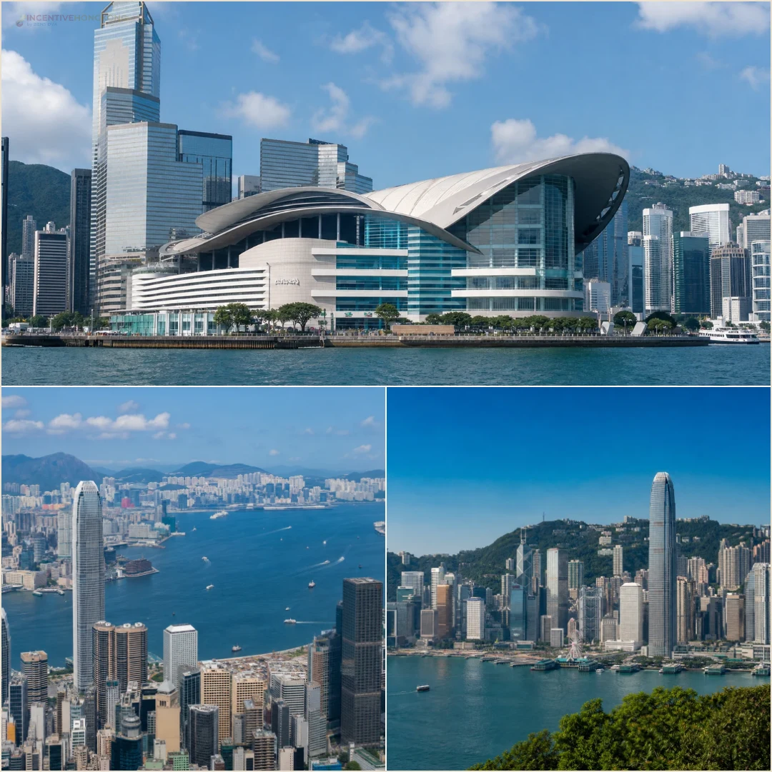 คอลลาจสถานที่ฮ่องกงที่เกี่ยวกับการวางงบตามฤดูและอีเวนต์ ได้แก่ HKCEC อ่าววิคตอเรีย และเส้นขอบฟ้าฤดูใบไม้ร่วง