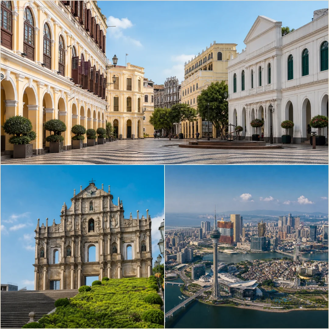 คอลลาจสถานที่ล้วนแสดงจัตุรัสเซนาโด ซากประตูโบสถ์เซนต์ปอล และเส้นขอบฟ้าคาบสมุทรมาเก๊า